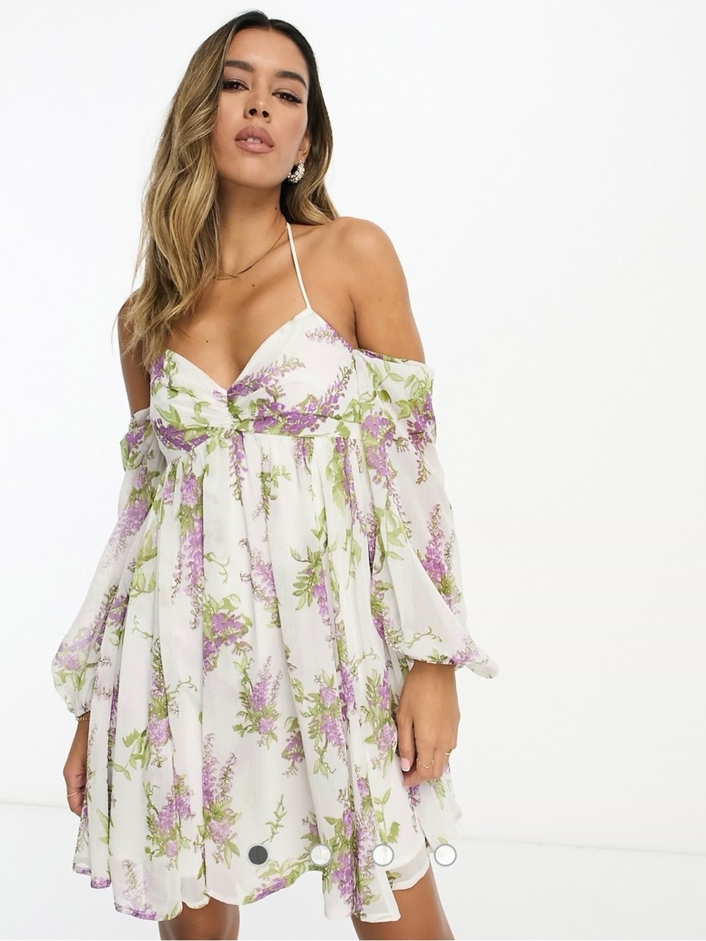 ASOS White Floral Strapless Mini Dress with Purple & Green Print